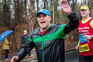 Erich Manser and his guide Peter Sagal at the 2015 Boston Marathon