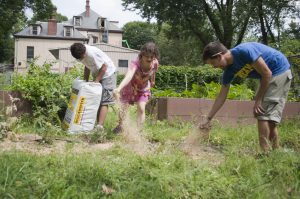 Ivy Street School students and staff work in the garden in the disputed space behind the school
