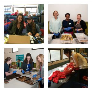 A collage of photos of Delta Gamma volunteers helping at Boston Marathon weekend events for MABVI and Team With A Vision