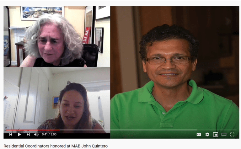 screenshot of recognition video. Split screen with John on the right and two other participants on the left