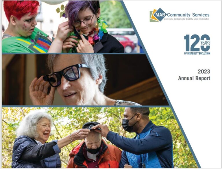 Cover of MAB's 2023 Annual Report. On the left is 3 images representing participants of MAB's 3 divisions. Own the right, MAB's logo, logo that says 120 years of disability inclusion. 2023 Annual Report
